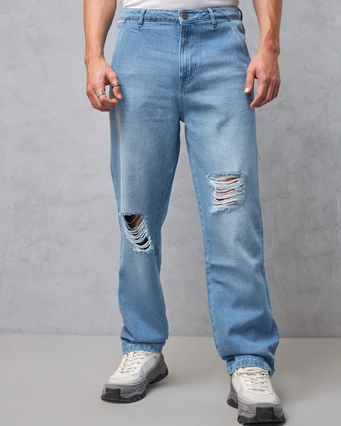 Men's Blue Baggy Distressed Jeans