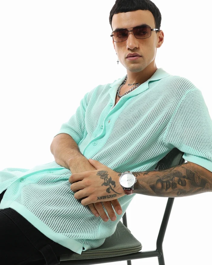 Men's Blue Textured Oversized Shirt